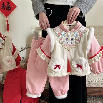 Зимняя одежда Hanfu, Костюм для девочек, Новый Утепленный костюм в Китайском стиле Тан с флисовой подкладкой, Новогодняя одежда Для Маленьких девочек, Новогоднее платье