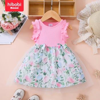 hibobi Весенне-летнее сетчатое платье в стиле пэчворк с цветочным бантом для маленьких девочек, милая юбка-пачка длиной до колен с оборками