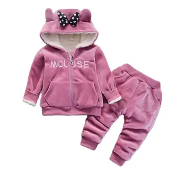 Комплекты одежды для маленьких девочек, зимняя теплая верхняя одежда из плотного плюша и хлопка с длинными рукавами для мальчиков и девочек, костюм со штанами, комплект для малышей от 1 до 4 лет