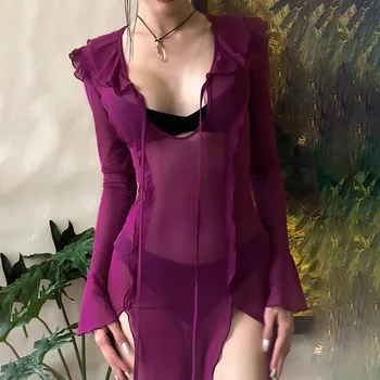 Женское элегантное Сексуальное Летнее платье с расклешенными рукавами и разрезом 2023, Праздничное платье Миди для клубной вечеринки, Фиолетовое прозрачное сетчатое облегающее пляжное платье