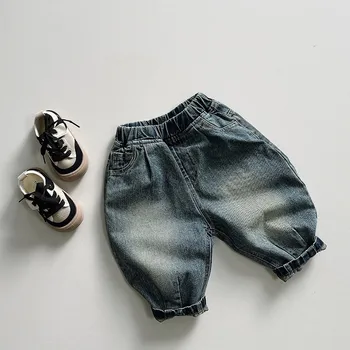Осенние Новые детские джинсовые брюки Для маленьких девочек, Свободные Универсальные широкие брюки, модные повседневные винтажные джинсы для мальчиков, детская одежда