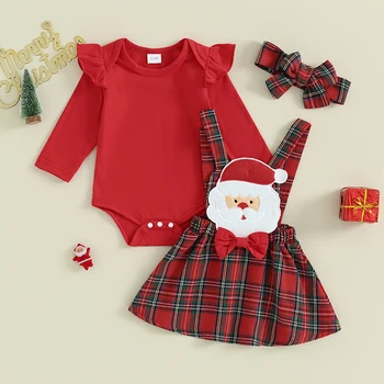 Рождественские наряды для маленьких девочек, комбинезон с длинными рукавами, нашивка Санта и Елка, Клетчатые юбки на подтяжках, повязка на голову, комплект из 3 шт.