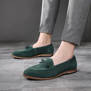 Новые Дизайнерские Замшевые Зеленые Туфли-Оксфорды Brwon С Черным Острым Носком; Мужские Повседневные Лоферы; Официальная Модельная Обувь; Zapatos Hombre
