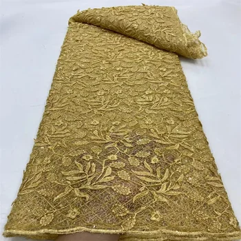 Французская сетчатая кружевная ткань с золотой вышивкой 2024, африканский тюль, 3D-кружево для свадебного платья в Нигерии.
