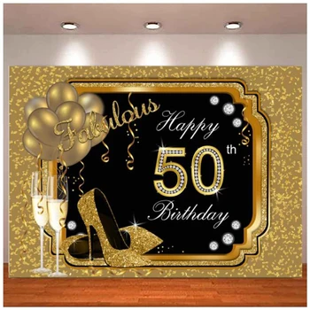 Фон для фотосъемки для женщин, черно-золотой фон для фотосъемки, блестящие воздушные шары, Высокие каблуки, вечеринка в честь 50-летия со дня рождения