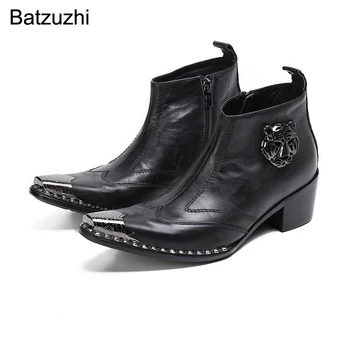 Мужские ботинки Batzuzhi на каблуке 6 см; черные мужские ботинки из натуральной кожи с острым носком в деловом стиле; Botas Hombre, Размеры 38-47!