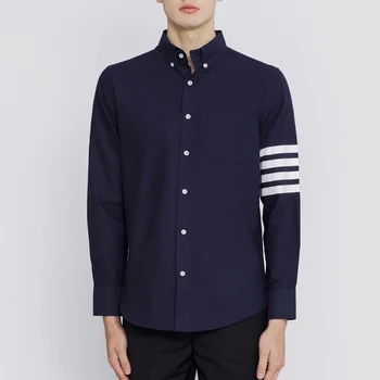Мужская повседневная футболка в корейском стиле, весна-лето, длинная рубашка в 4 полосы, модный бренд, темно-синие топы на пуговицах для мужчин