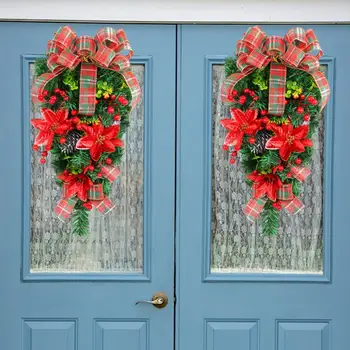 Венок для зимних праздников, клетчатый бант, Рождественский венок, Праздничный орнамент на двери фермерского дома с искусственными цветами, зеленые листья для лестницы