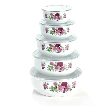 5 шт./набор эмалированных чаш Креативные Цветочные Эмалированные миски для животных, салатницы с пластиковыми крышками для домашней кухни