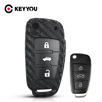 KEYYOU 3 Кнопки Карбоновый Силиконовый Чехол Для Ключей Автомобиля Audi Sline A3 A5 Q3 Q5 A6 C5 C6 A4 B6 B7 B8 TT 80 S6 Защитный Чехол Для Ключей