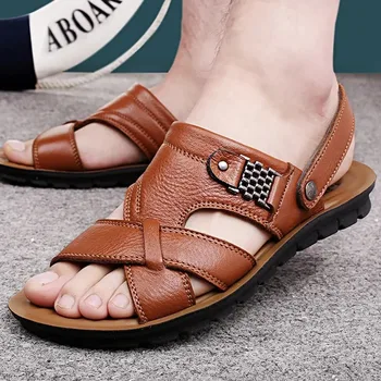 Мужские кожаные сандалии 2024, летние Классические мужские тапочки, римские сандалии на мягкой подошве для мужчин, Удобная обувь для ходьбы большого размера