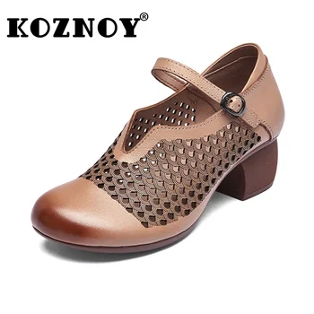 koznoy 4 см ретро-полые этнические туфли-лодочки из натуральной кожи с круглым носком, удобные повседневные сандалии Baotou с отверстиями, летняя дышащая обувь для мамы