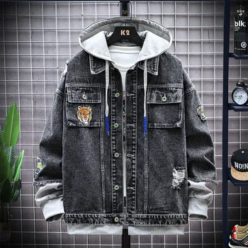 Мужские джинсовые куртки с капюшоном от M до 8XL Большого размера, топы Fatso, свободные, 150 КГ, в продаже две модели с вышивкой тигра.