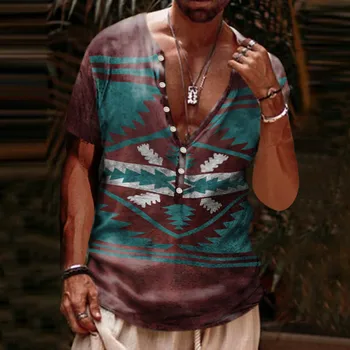 Мужские рубашки, Модные рубашки с этническим принтом, Летняя рубашка Хенли с коротким рукавом, блузка с жемчужной застежкой, винтажная стильная одежда из микрофибры