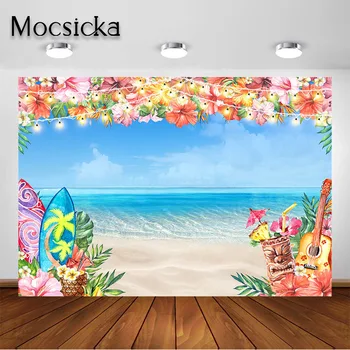 Моксика Летний Гавайский пляжный фон для фотосъемки Тропический цветок Алоха Фон Голубое небо Океан Пальмовые листья Фон