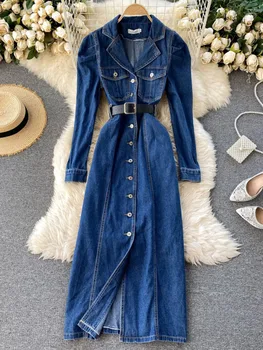 Винтажное синее джинсовое платье Foamlina, женский осенний воротник с лацканами, длинный рукав, однобортные Корейские рабочие джинсы OL, длинное платье Макси