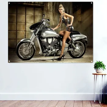 Сексуальная модель мотоцикла Печать плаката Художественная роспись Декор стен Гобелен Баннер Настенный флаг Отличный подарок для любителей мотоциклов