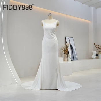 Fiddy898 Простые Атласные свадебные платья Русалки С вырезом лодочкой, иллюзия Свадебного платья без рукавов, Придворный шлейф, vestido de noiva
