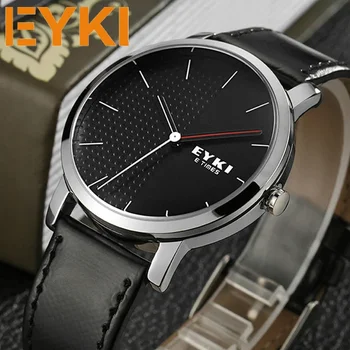 Мужские кожаные часы бренда EYKI, черные простые мужские деловые кварцевые наручные часы