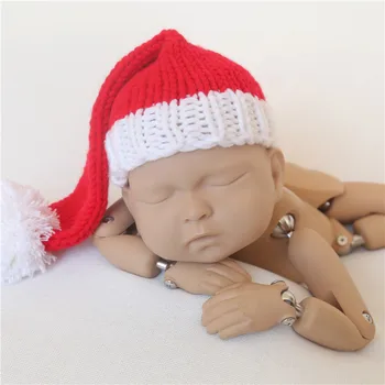 Чепчик Санта Клауса с длинным хвостом, Рождественский чепчик для новорожденных, реквизит для фотосъемки, красная Рождественская чепчик ручной вязки для маленьких девочек