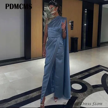 PDMCMS Голубое платье для выпускного вечера в Дубае на одно плечо, сексуальные повседневные вечерние платья, простое атласное платье знаменитостей с рюшами сбоку и разрезом сбоку