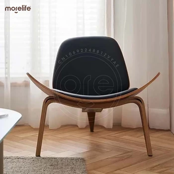 Простой трехногий стул в виде ракушки в минималистском стиле, Современная ясеневая фанера, Черная искусственная кожа, Одноместный диван для гостиной, Стулья для мебели