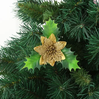 Новые украшения для рождественской елки золотисто-красного цвета с блестками, имитирующими рождественские цветы, листья, украшения ручной работы своими руками