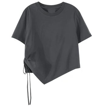 Нерегулярный шнурок, летняя модная футболка Y2K, женский сексуальный бандажный укороченный топ, женская футболка с коротким рукавом, одежда, тонкие футболки