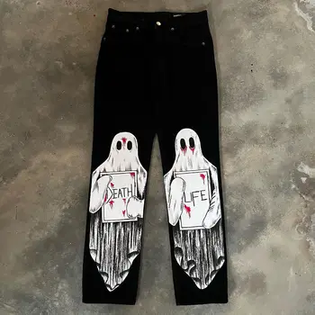 Джинсы Ghost Graphic с принтом оверсайз Harajuku Gothic Y2k, черные джинсы для мужчин и женщин, повседневные прямые брюки, Новый стиль, горячая распродажа