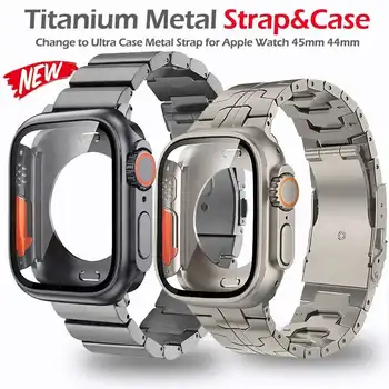 Титановый Металлический Ремешок + Чехол Для Apple Watch 44 мм 45 мм 40 мм 41 мм Браслет Correa iWatch Series 8 7 6 SE 5 4 3 2 Чехол с полным покрытием