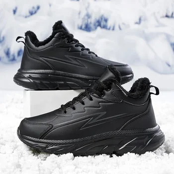 Черная кожаная обувь для мужчин 48-го размера, увеличивающие рост Зимние модные кроссовки Плюс меховая теплая уличная хлопчатобумажная повседневная обувь, мужская обувь
