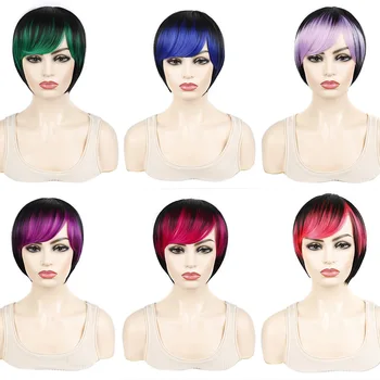 Оптовая продажа Высококачественные Цветные Смешанные Короткие Прямые парики с косой челкой, Синтетический парик для женщин, парик для косплея