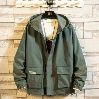 Осенние Новые свободные куртки в японском стиле, мужские повседневные куртки-ветровки больших размеров с капюшоном, пальто с длинным рукавом и множеством карманов, M-5Xl