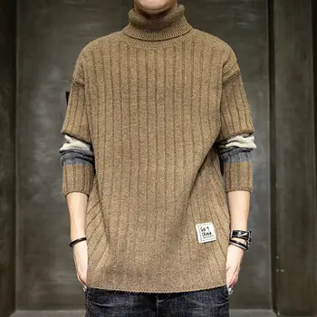 Осень-зима 2023, новый мужской пуловер, свободный модный Корейский повседневный вязаный свитер с воротником в полоску с длинными рукавами в стиле пэчворк, топы