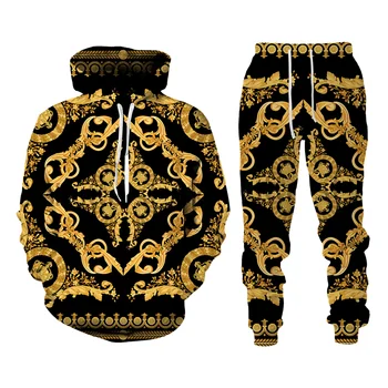 Толстовка/ Брюки /костюм с 3D-принтом короны и золотой цепи в стиле барокко 2022 года, Повседневный мужской пуловер, толстовка и брюки, комплект спортивной одежды