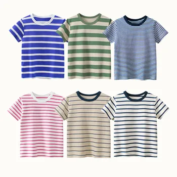 Детские полосатые футболки 2023, Летняя одежда с коротким рукавом для мальчиков, 100% хлопок, повседневные спортивные футболки для девочек