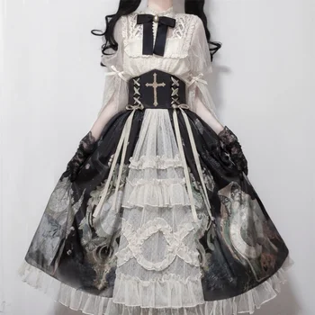 Викторианское готическое платье в стиле Лолиты, женские милые блузки с кружевными рукавами, юбка принцессы с принтом Бабочки, Винтажная элегантность, комплекты в стиле Лолиты