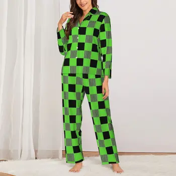 Пижамы из плотной ткани, женские зеленые и черные Модные ночные пижамы, осенние комплекты пижам из 2 предметов, повседневные пижамные комплекты большого размера