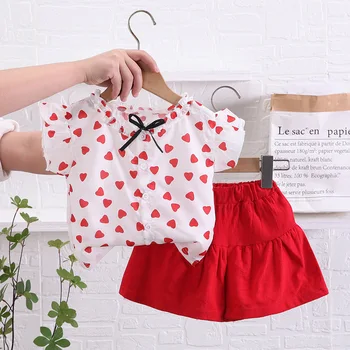 Комплект одежды для девочек, летний топ с коротким рукавом и бантом, футболка + брюки, костюм из 2 предметов для малышей, детская одежда