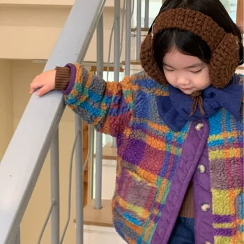 Утепленная куртка Warn для девочек 2023, зимняя Корейская детская одежда, Корейское издание, красочная клетчатая утепленная теплая шуба для девочек