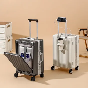 20-дюймовый чемодан с открывающейся передней частью, алюминиевая рама, вращатель для багажа на колесиках, USB-подстаканник, держатель для телефона, чемодан на молнии