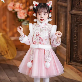 Детское зимнее китайское традиционное платье для костюма Чонсам, Элегантное платье принцессы Ципао с цветочным рисунком для девочек, китайская новогодняя одежда