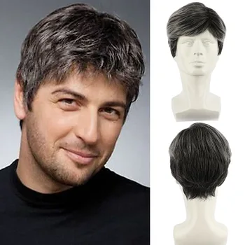 Модный мужской парик черный серый пушистые короткие прямые волосы головной убор из синтетического волокна мужской парик эластичная сетка