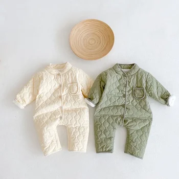 INS Зимний детский комбинезон 0-2лет для новорожденных мальчиков и девочек, однотонный однобортный флисовый утепленный комбинезон с длинным рукавом, теплая верхняя одежда