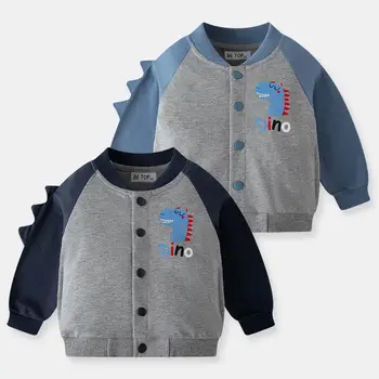 Детская осенняя детская однобортная куртка с мультяшным динозавром, однобортная куртка с рукавами в рукавах, бейсбольная форма, топ для мальчиков