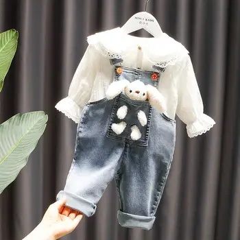 Новая детская одежда, осенний комплект штанов с ремешками для девочек, джинсовые штаны для девочек, милая рубашка для девочек