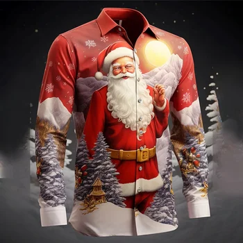 Новая повседневная модная мужская праздничная рубашка Санта-Клауса с 3D-принтом, новогодняя горячая рождественская рубашка с длинным рукавом, мужская праздничная рубашка для вечеринки