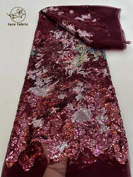 Высококачественная Винно-красная Африканская кружевная ткань с пайетками 2023, Высококачественное кружево, 5 ярдов, вышивка, Французская Нигерийская кружевная ткань для свадьбы