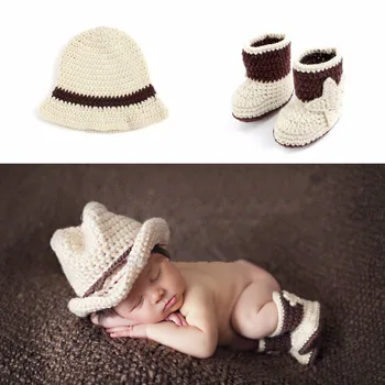 Новорожденный Ковбойский костюм для вязания крючком, вязаный костюм, шляпа + обувь, реквизит для фотосъемки-m15
