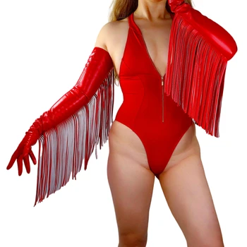 Женские красные модные кожаные перчатки DooWay с кисточками и длинной бахромой из искусственной овечьей кожи PU для вечерних оперных костюмов танцев в ночном клубе